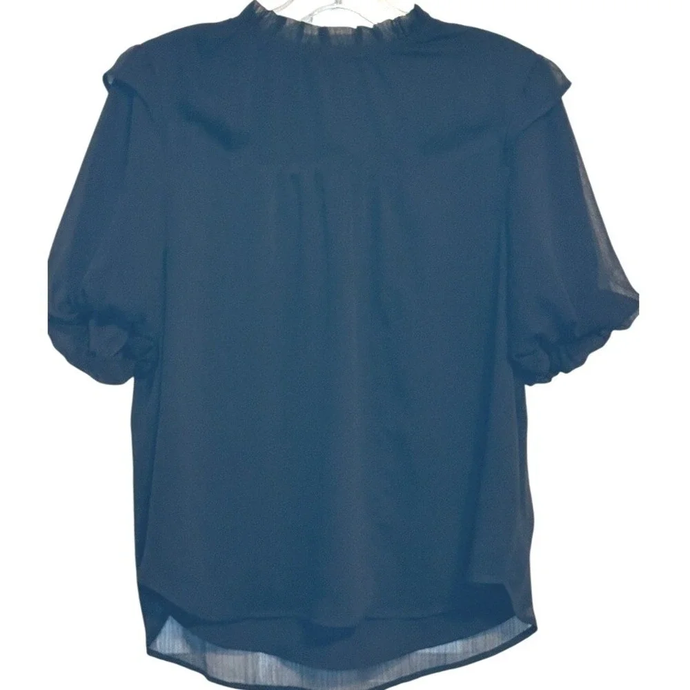 LOFT Blouse Women Black Ruffle Mock Neck Puff Sleeve Chic Chiffon Elegant ‎ LP